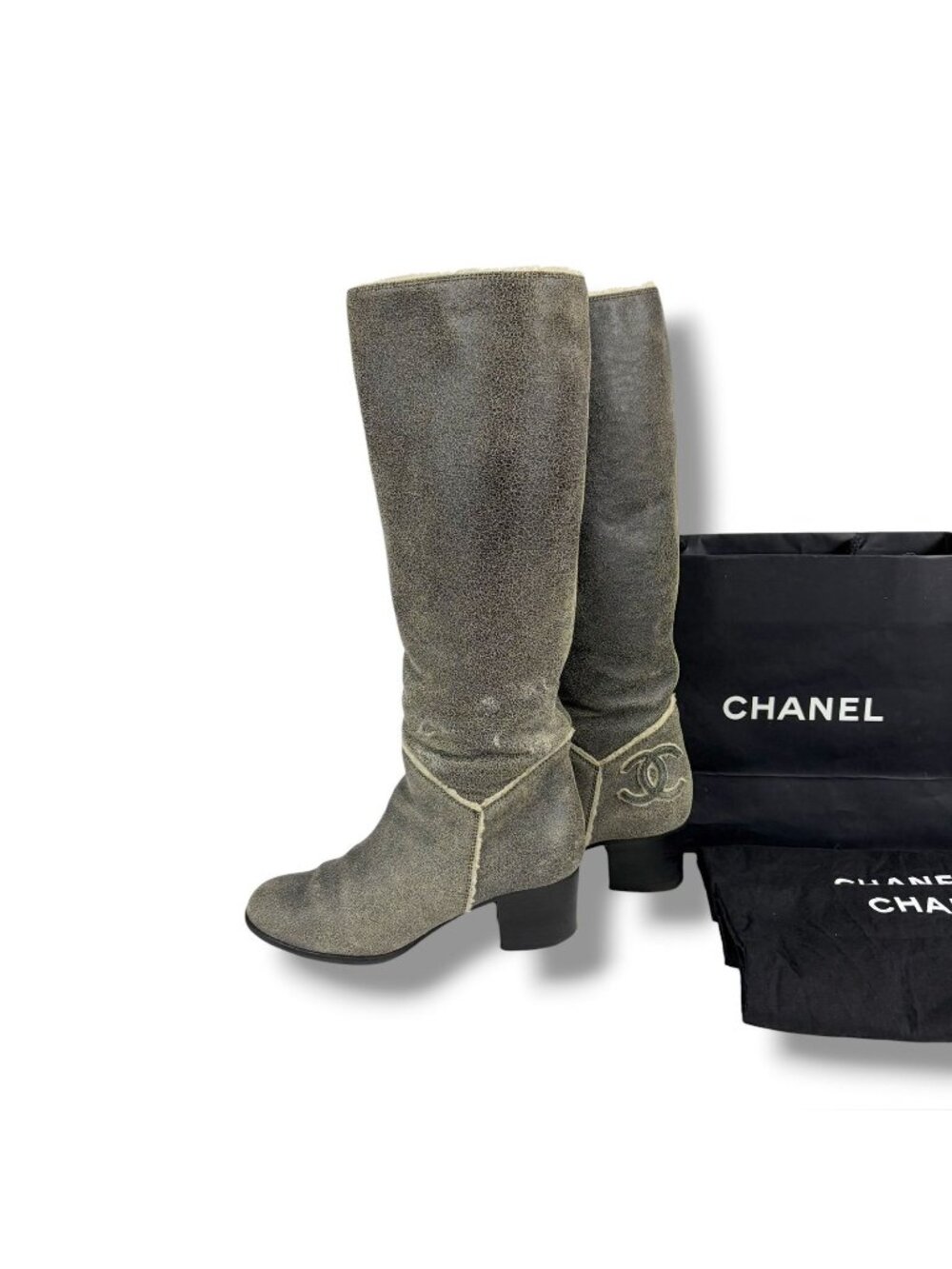 Chanel One Point CC Logo Shearling Long Boots Knee Length Gray 37c